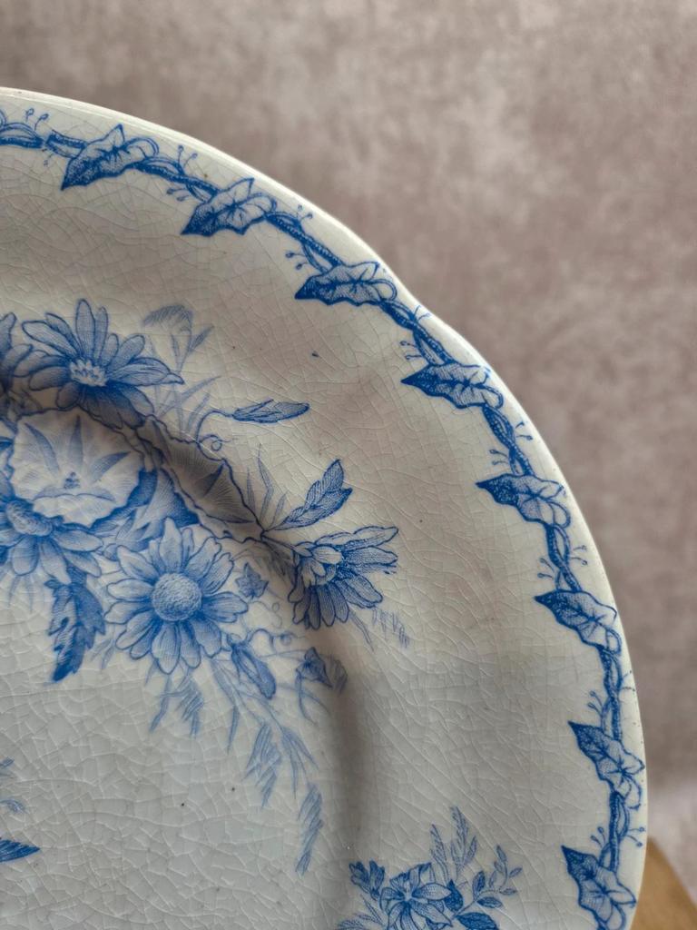 Assiette ancienne Gien Liserons – Décor oiseaux et fleurs bleu