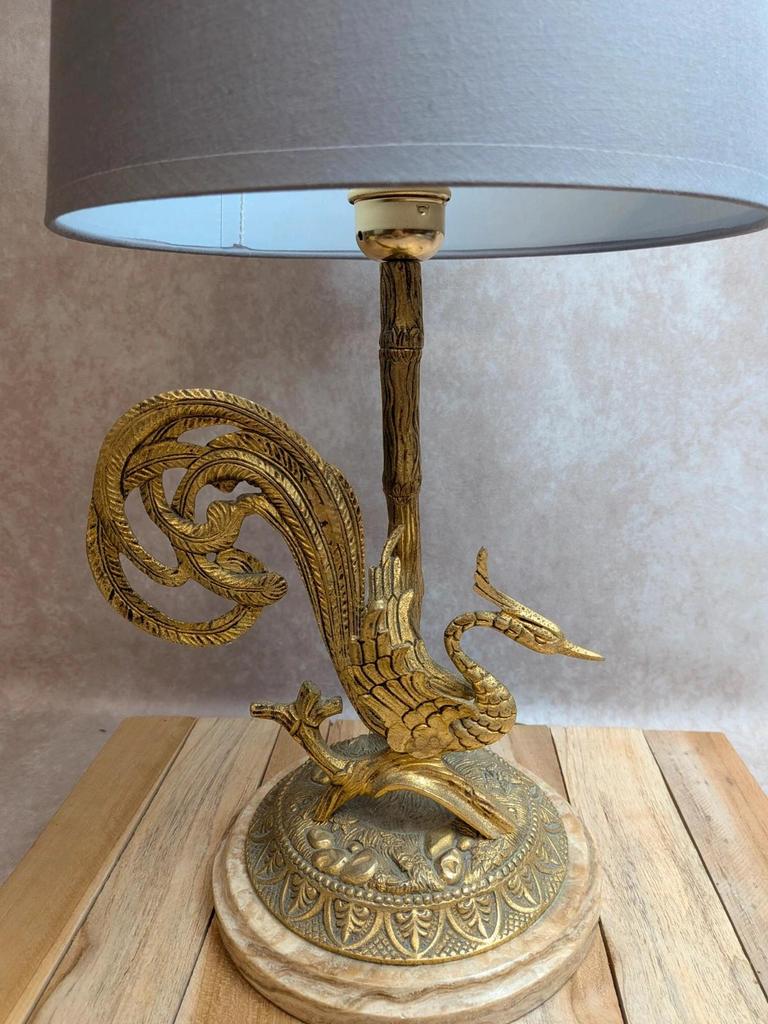 Grande lampe vintage en laiton moulé – Phénix – socle en onyx – années 60/70
