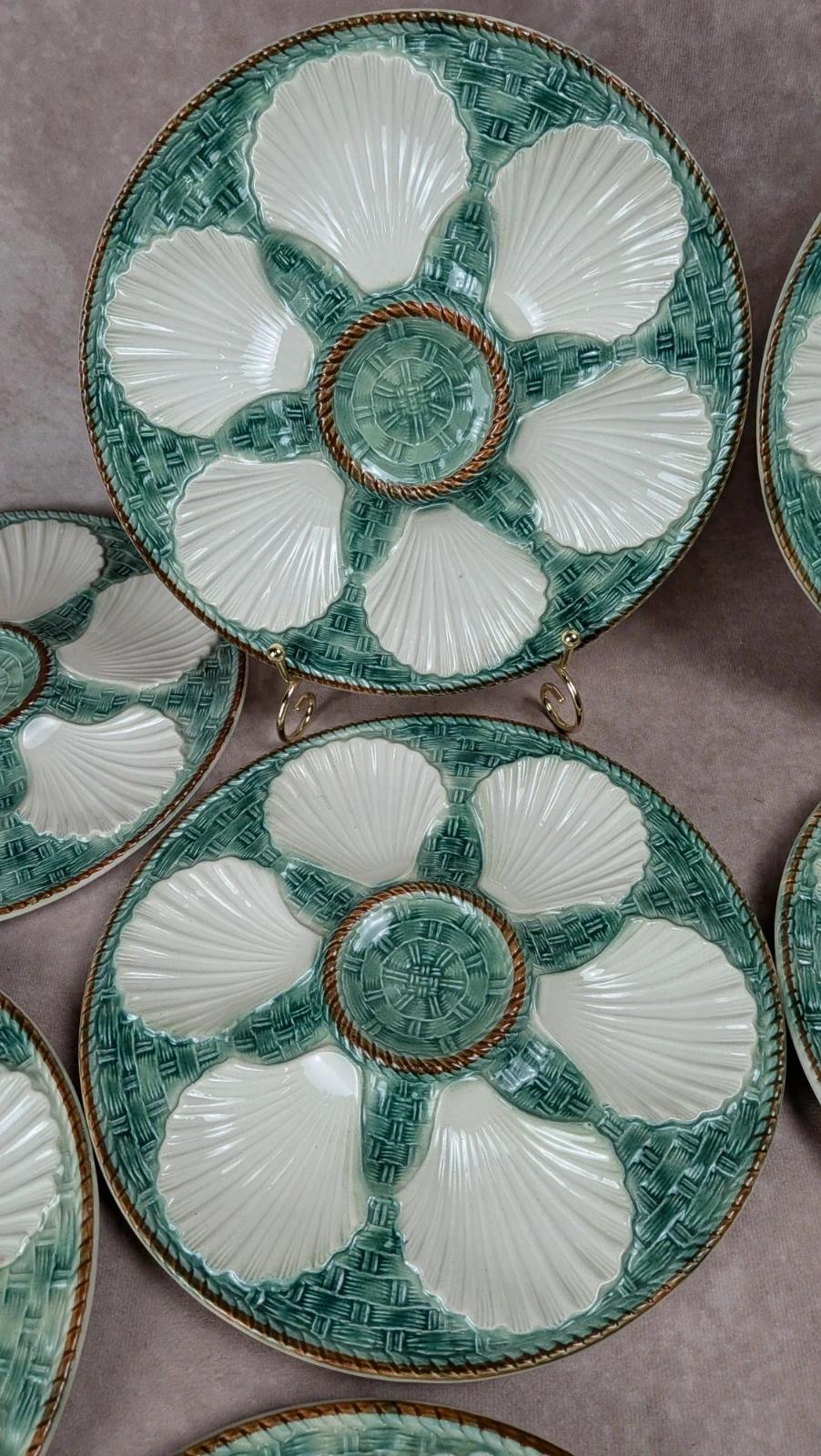 Service 12 assiettes à huîtres + grand plat Longchamp majolique vert coquillage vintage
