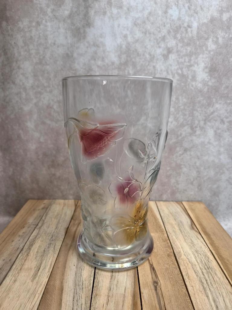 Grand vase vintage en verre moulé pressé – décor floral coloré – France