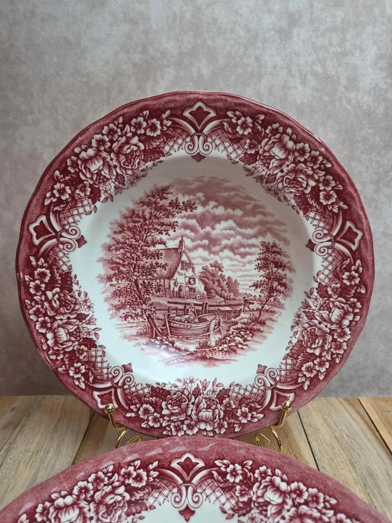 2 assiettes creuses vintage toile de Jouy rouge Grindley Homeland Staffordshire Angleterre