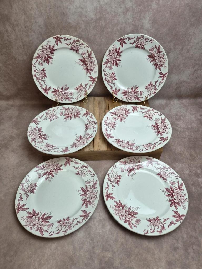 Lot de 6 assiettes plates vintage Amandinoise modèle Anémone 🌸 Terre de fer ancienne décor bordeaux