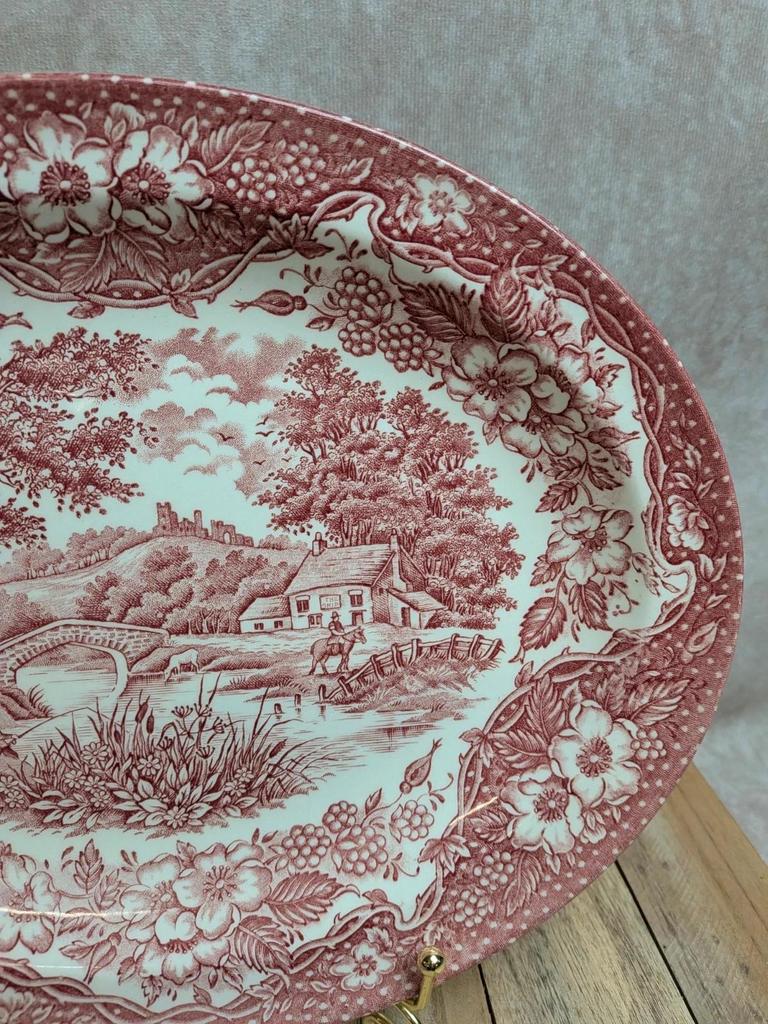 Plat ovale terre de fer anglaise toile de Jouy rouge