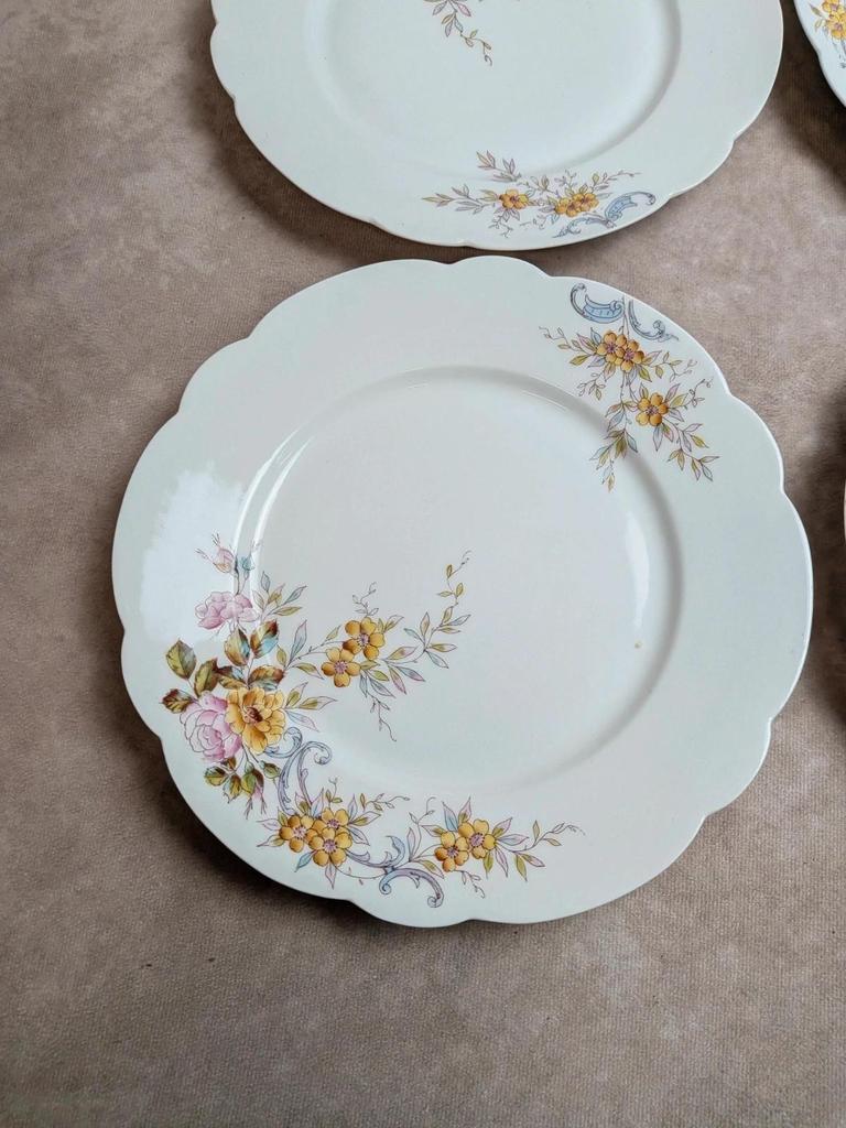 Lot de 7 assiettes plates vintage en porcelaine – Décor floral polychrome