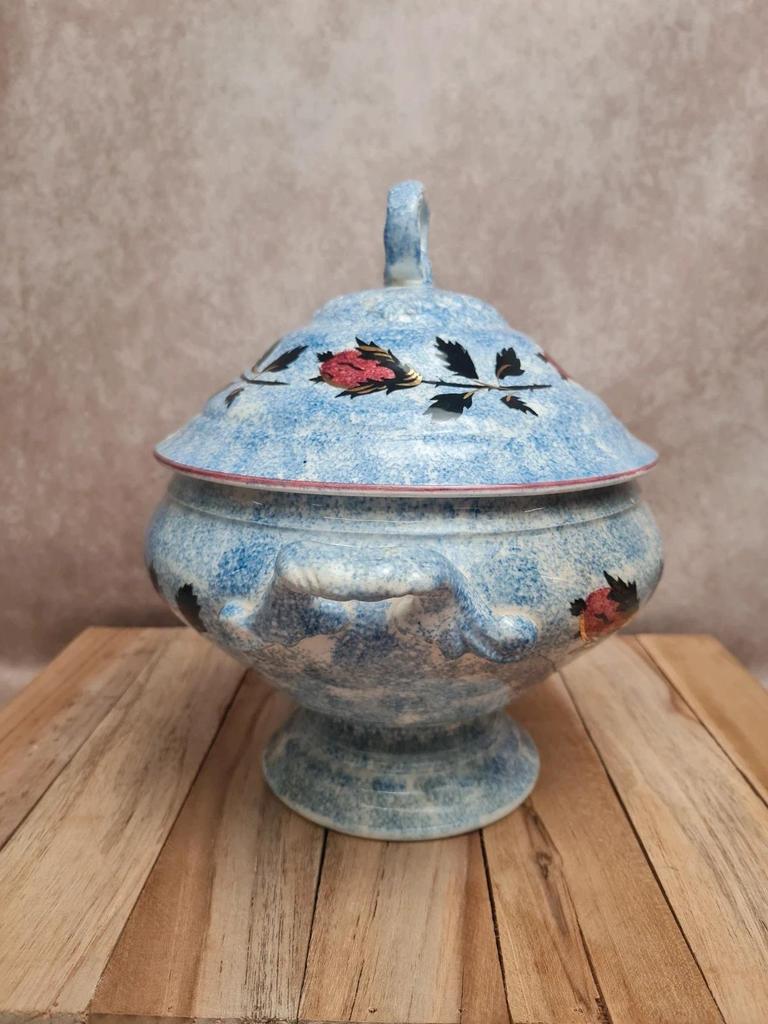 Soupière ancienne Gien décor chardons bleu moucheté terre de fer 🍲🌿