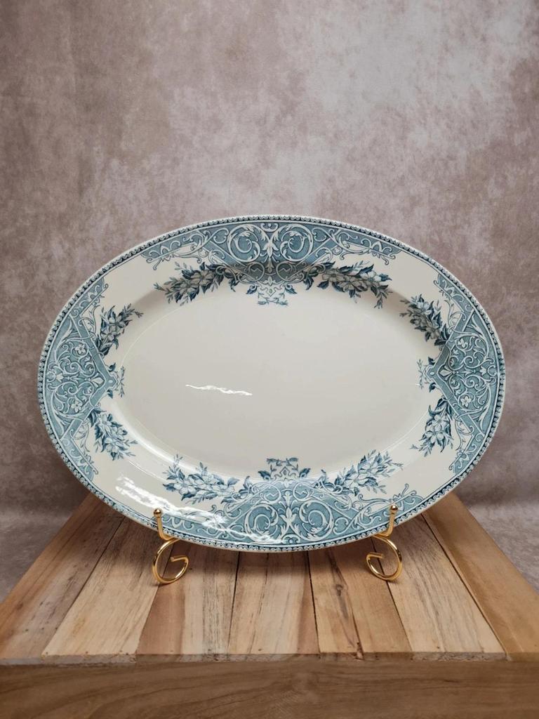 Plat ovale ancien terre de fer Alice Boch Frères Keramis Bkf décor bleu Art Nouveau