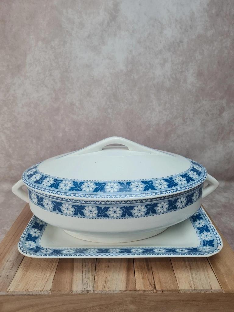 Légumière ancienne en bn terre de fer Sarreguemines “nancy” complète – plat + couvercle 💙