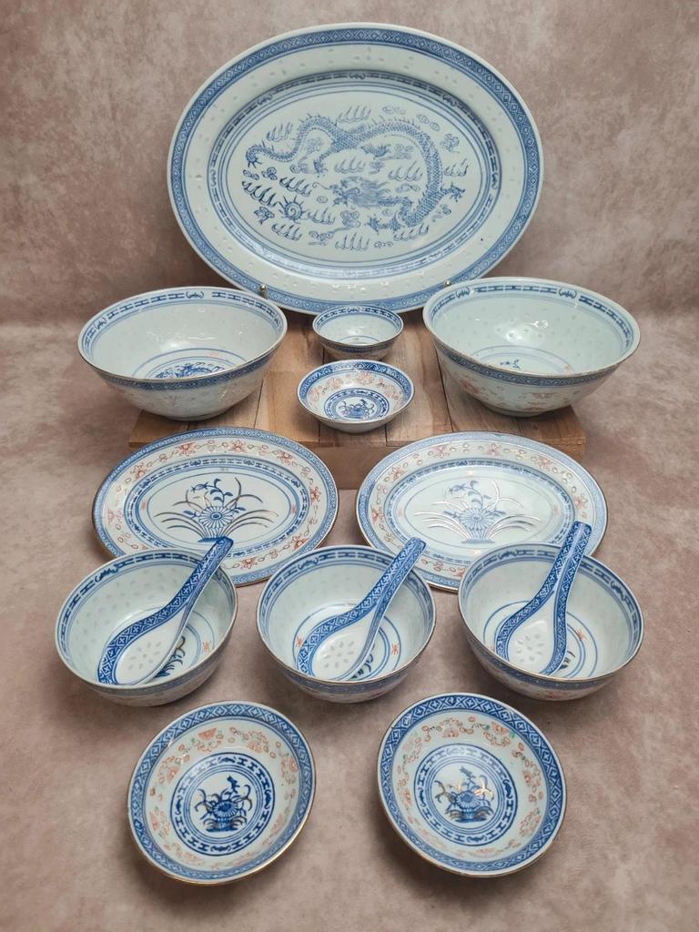 Service chinois vintage complet – 3 personnes – décor bleu & rouge – idéal sushi 🍣