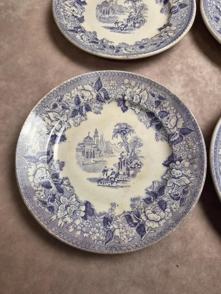 Lot de 8 assiettes à dessert anciennes anglaises J. Marshall & Co Bosphorus faïence violette Xixe