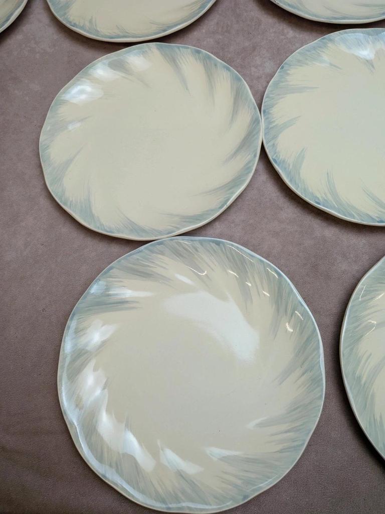 12 assiettes plates Terre de fer Salins décor bleu nuagé