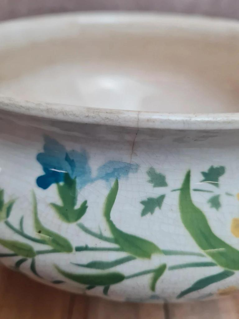 Soupière ancienne terre de fer St Amand Lebacqz Bouchard décor pavot polychrome 💙🌿