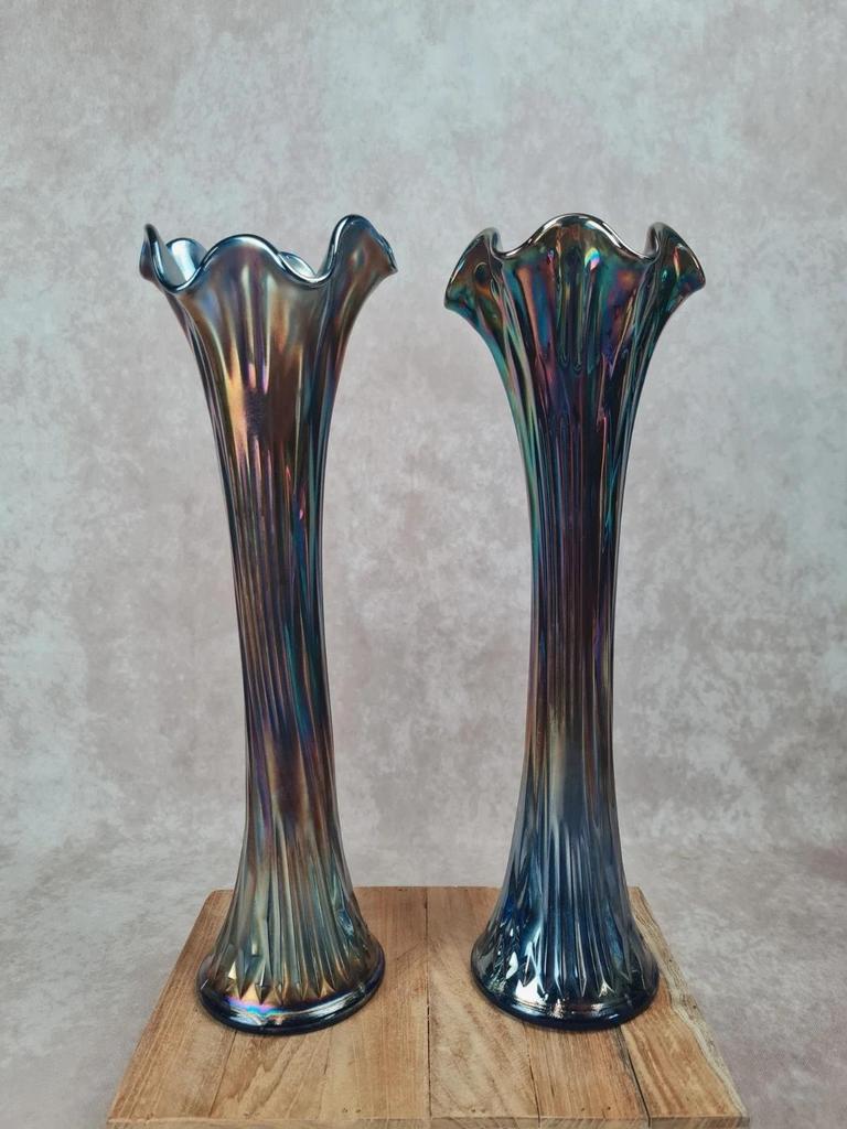 Paire de grands vases irisés vintage Fenton en verre carnival 💙