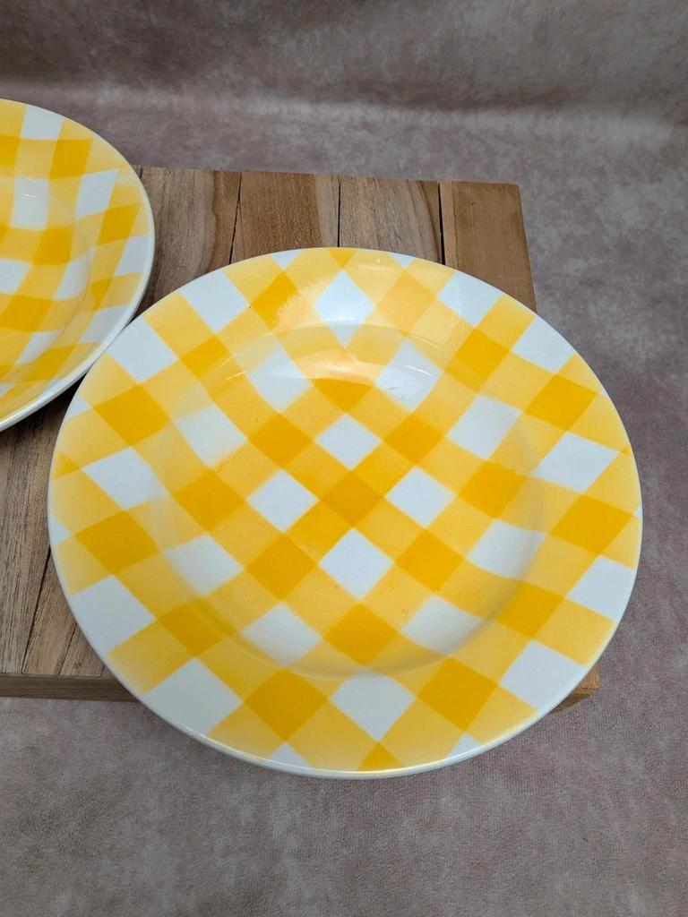 Lot de 2 assiettes creuses en terre de fer Sarreguemines décor carreaux jaunes