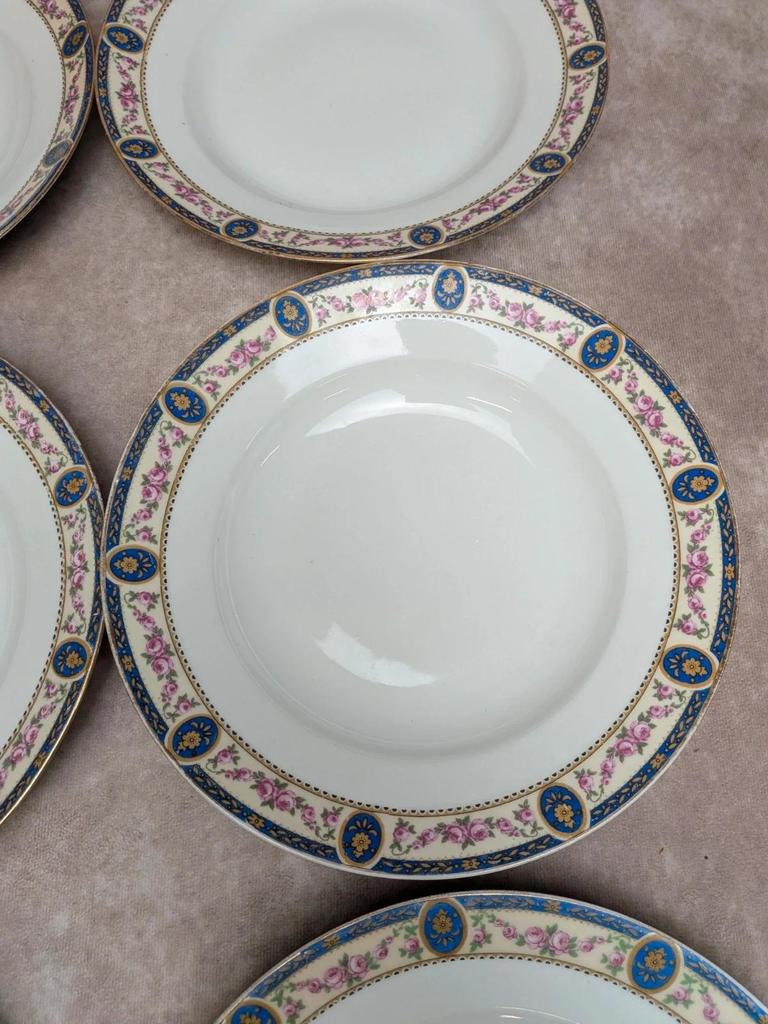 Lot 6 assiettes creuses porcelaine de Limoges décor floral bleu et rose