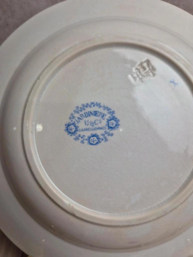 Lot de 2 assiettes creuses en terre de fer Sarreguemines – Modèle Jardinière – Décors variés