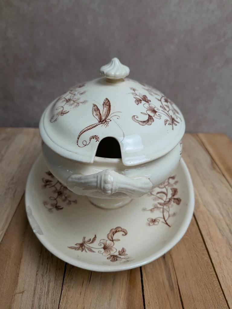 Saucière ancienne en terre de fer Salins – Décor libellule sépia – Avec couvercle