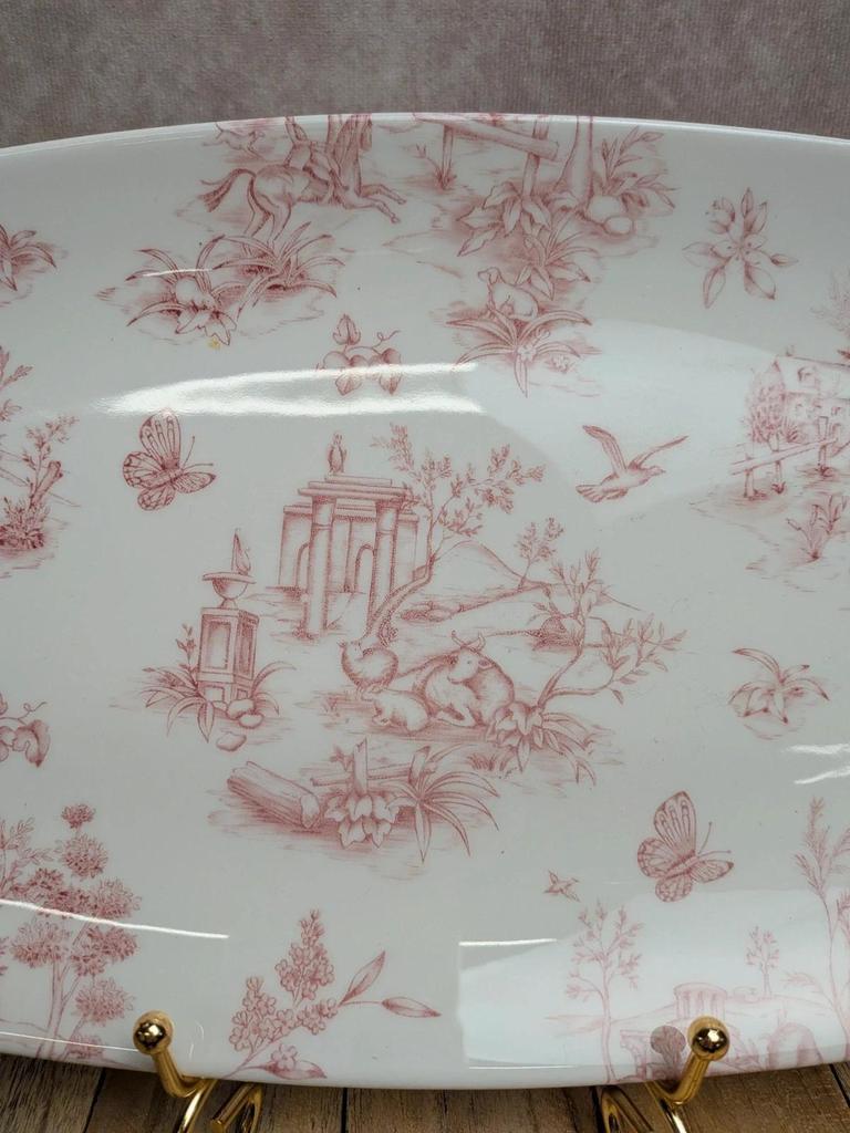 Plat rectangulaire Churchill décor toile de Jouy rouge –