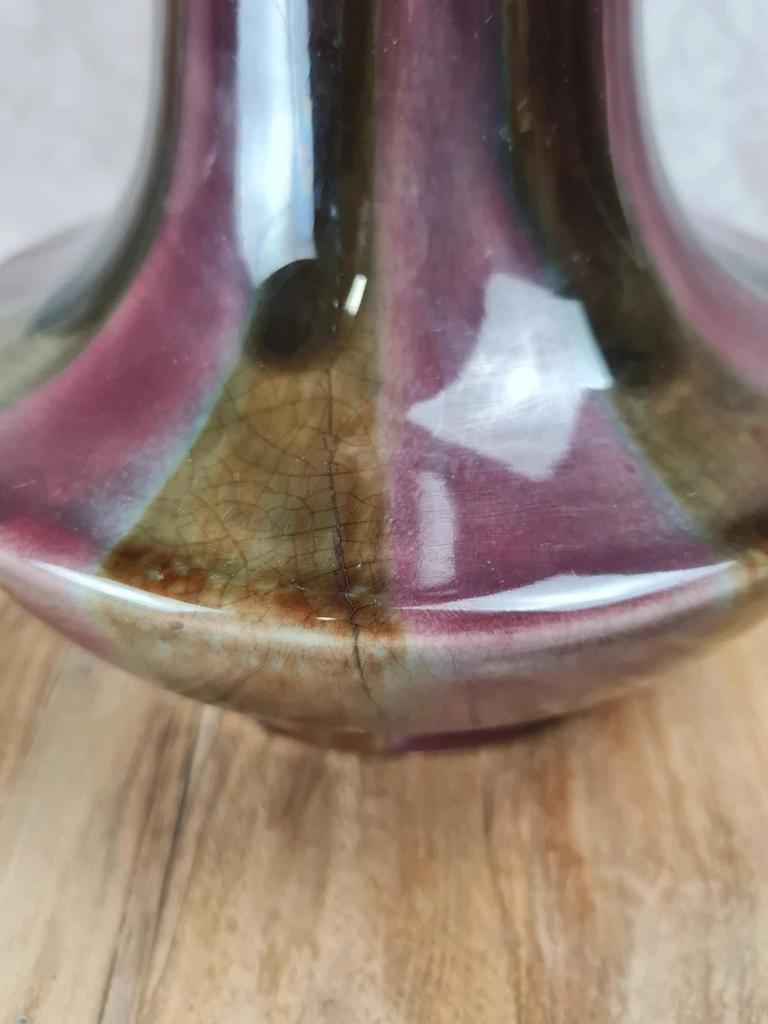 Grand vase ancien Fives-lille – signé Gustave De Bruyne 💐 Émail flammé vert & lie-de-vin