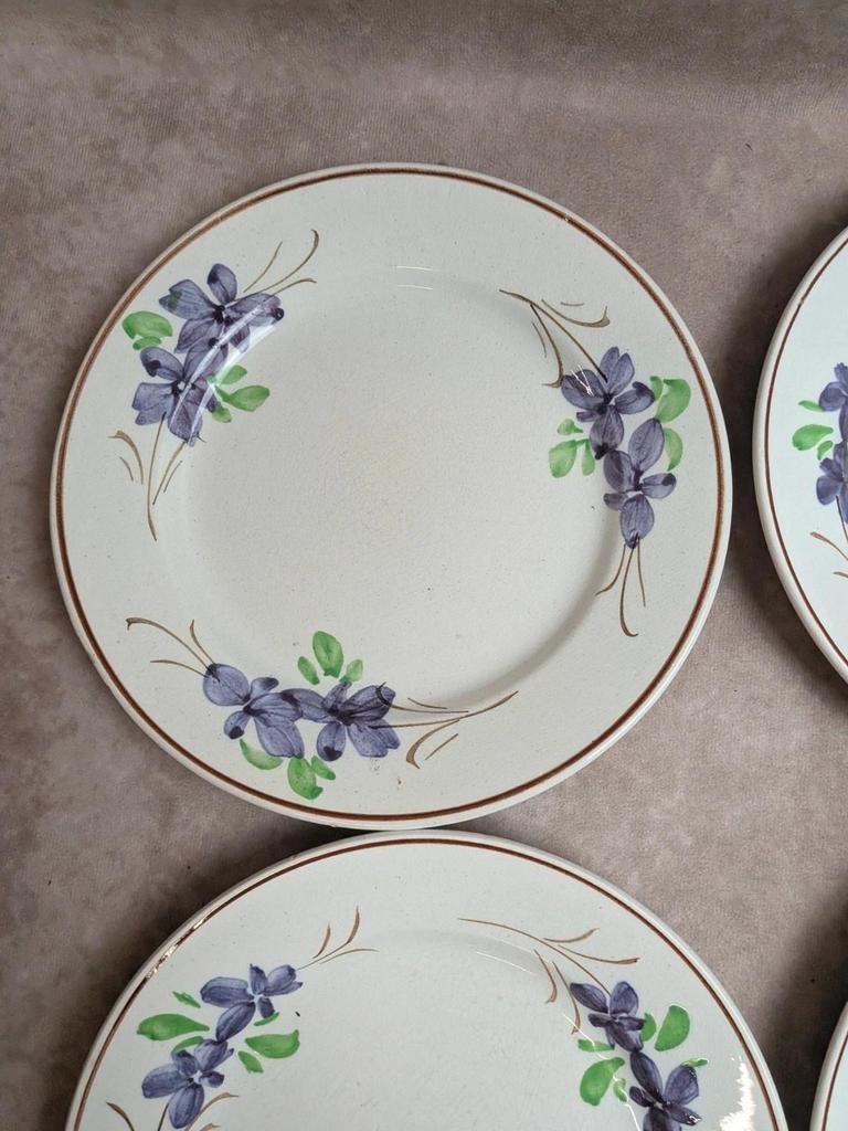 Lot de 9 assiettes anciennes en terre de fer – Opaque de Bordeaux – décor floral peint main