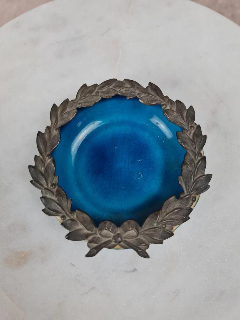 Petit vide-poche ancien en émail bleu craquelé & monture métal argenté 🌿💙