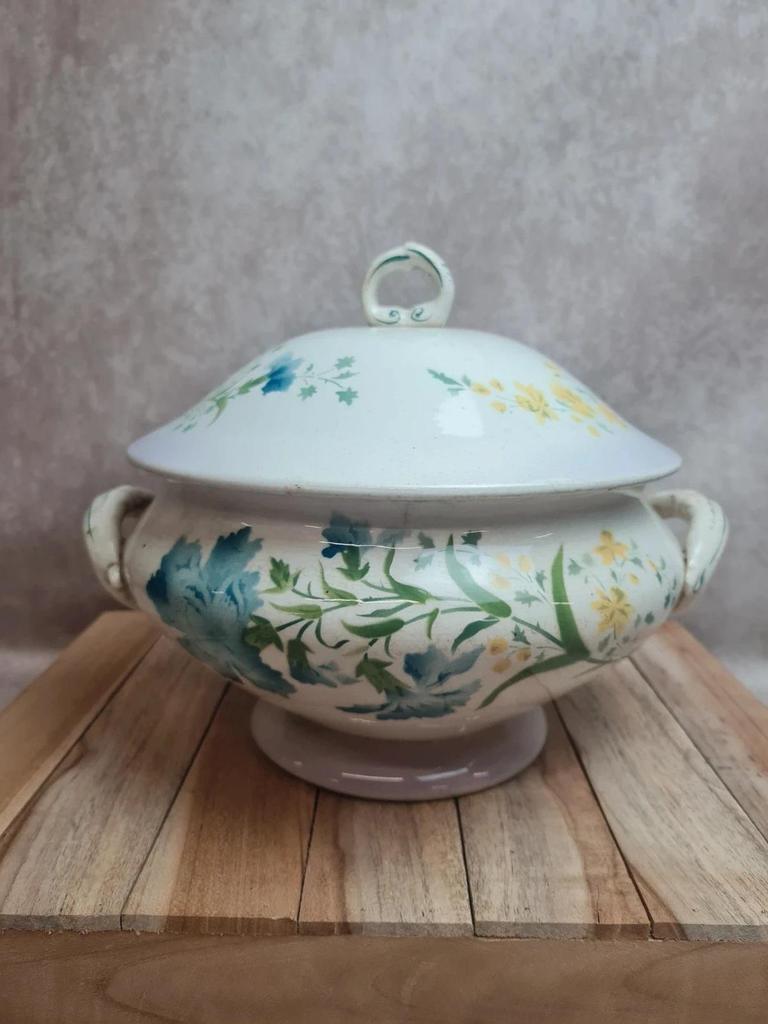 Soupière ancienne terre de fer St Amand Lebacqz Bouchard décor pavot polychrome 💙🌿