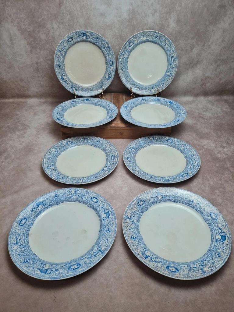 Assiettes terre de fer anglaises 1872 💙 Émile Bourgeois Grand Dépôt Paris – décor bleu rare – lot 8