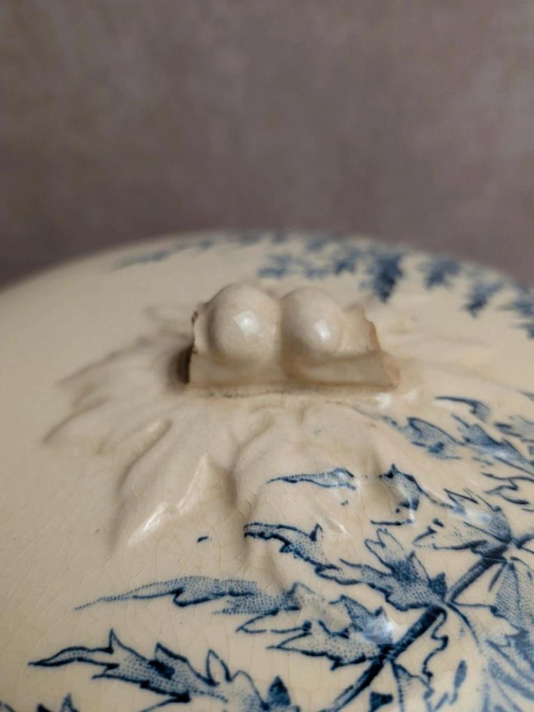 Soupière ancienne en terre de fer Gien – Modèle Fougère – Décor bleu