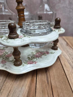 Serviteur ancien à huile, vinaigre & condiments Salins – terre de fer & verre – décor floral