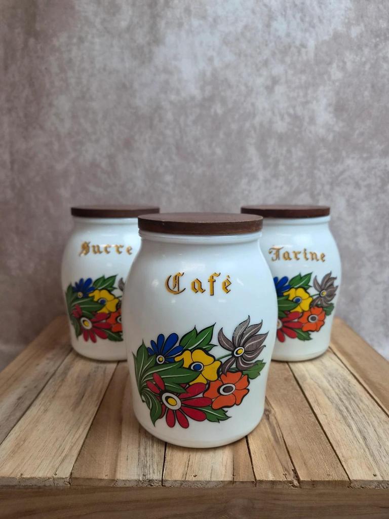 Lot de 3 pots à provisions vintage Brf – Café, Farine et Sucre – verre opalin