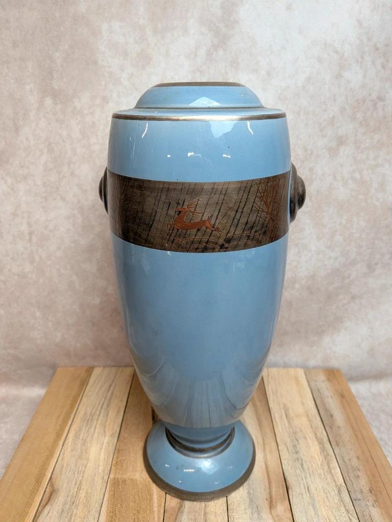 Vase Art Déco Maurice Pinon Tours céramique bleue décor stylisé