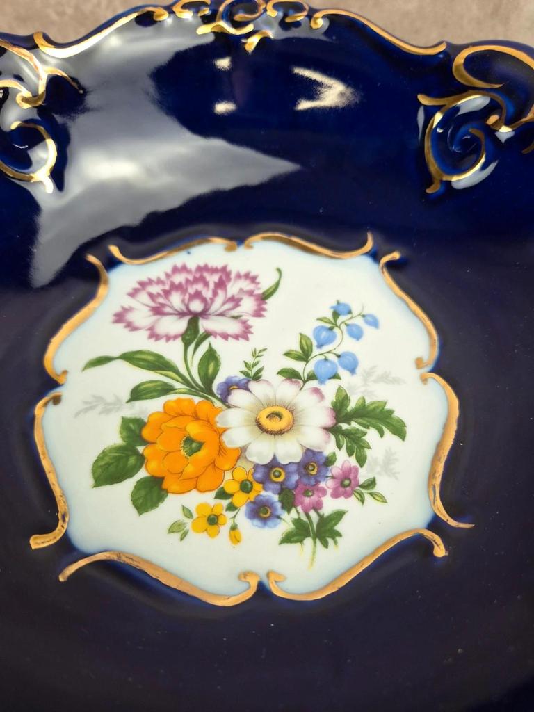 Saladier vintage en porcelaine Porfin Cluj-napoca – bleu cobalt et doré
