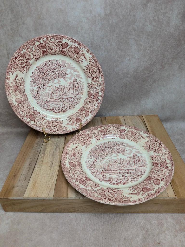 Lot de 2 assiettes style anglaises Lunéville terre de fer rouge décor champêtre