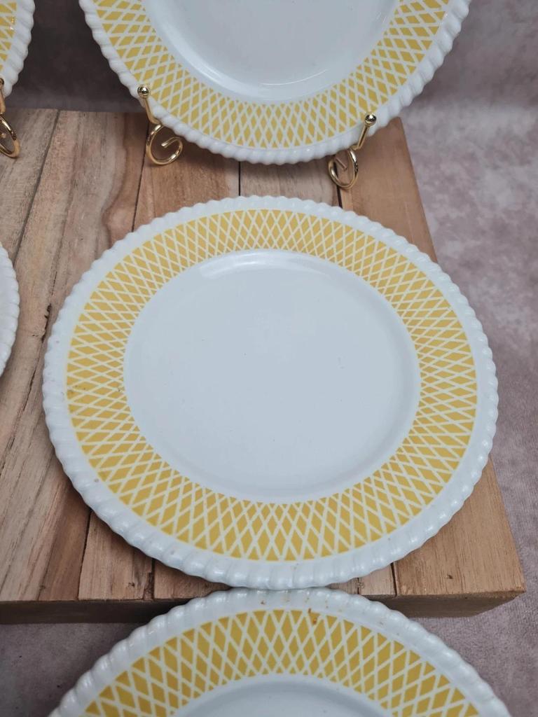 Lot 6 assiettes à dessert vintage Badonviller style années 50 décor géométrique jaune 🍋