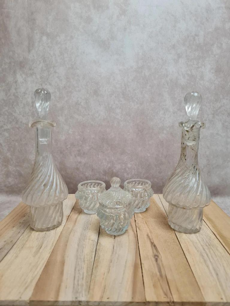Huilier vinaigrier ancien Gien Clara terre de fer présentoir flacons verre Xixe 🏺