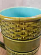 Pichet vintage faïence vert olive & intérieur turquoise – attribué à Onnaing