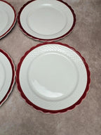 Lot de 4 grandes assiettes anciennes faïence liseré rouge festonné