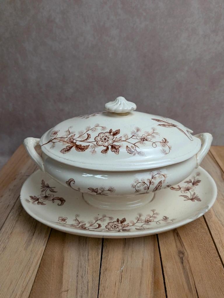 Saucière ancienne en terre de fer Salins – Décor libellule sépia – Avec couvercle