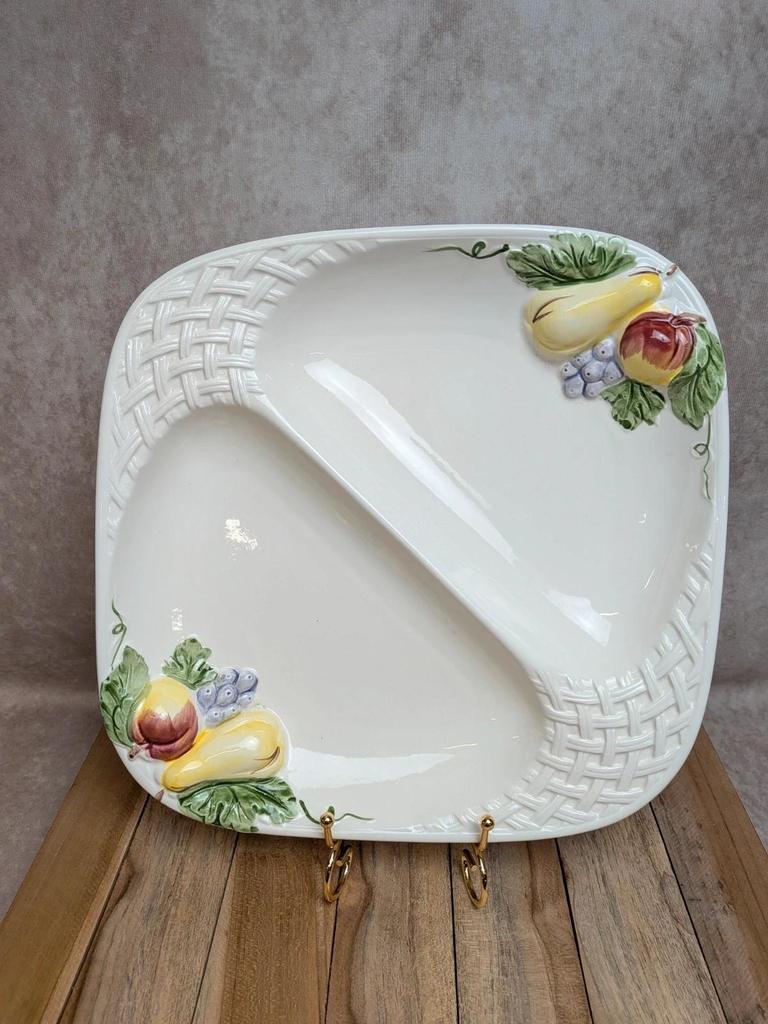 Plat compartiment vintage céramique barbotine fruits Japon