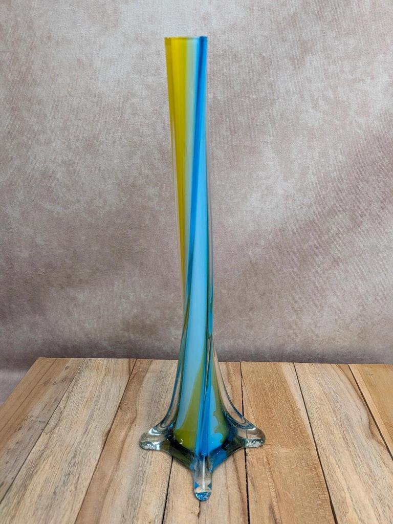 Vase vintage verre coloré bleu & jaune style Murano