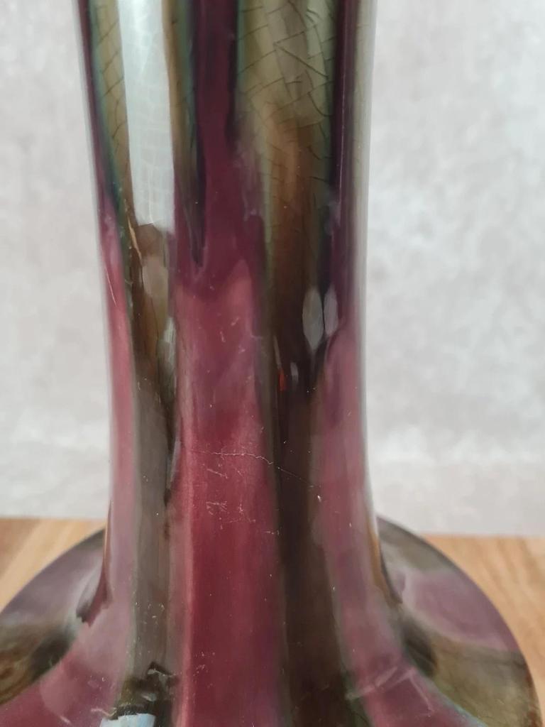 Grand vase ancien Fives-lille – signé Gustave De Bruyne 💐 Émail flammé vert & lie-de-vin