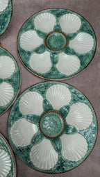 Service 12 assiettes à huîtres + grand plat Longchamp majolique vert coquillage vintage