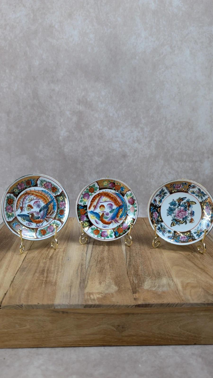 Lot de 3 mini soucoupes Bergère de France – motifs oiseaux & fleurs dorées