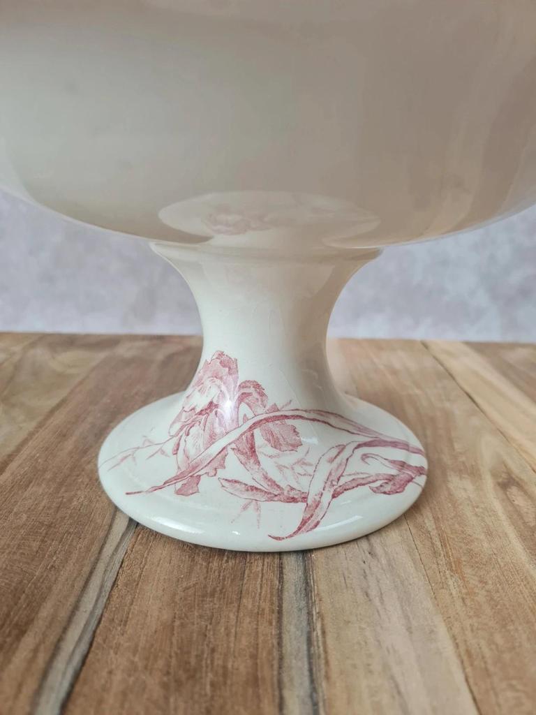 Grand compotier sur pied Gien modèle Iris décor floral rouge