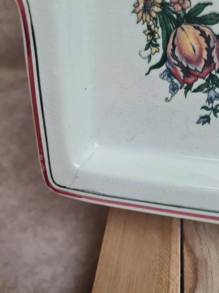 Grand plateau Sarreguemines Lorraine – décor floral romantique – faïence ancienne 🌸
