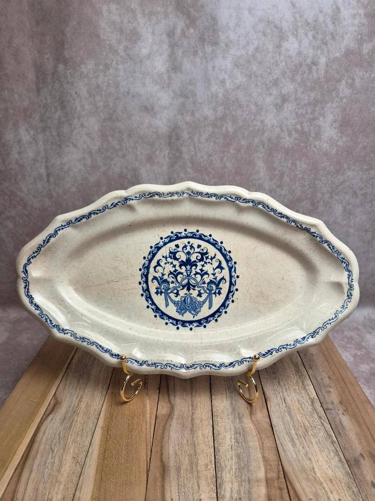 Plat ovale Gien Rouen – faïence ancienne bleu & blanc – milieu Xxe