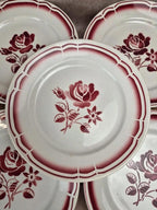 Lot de 6 assiettes plates anciennes Badonviller Fb – roses bordeaux