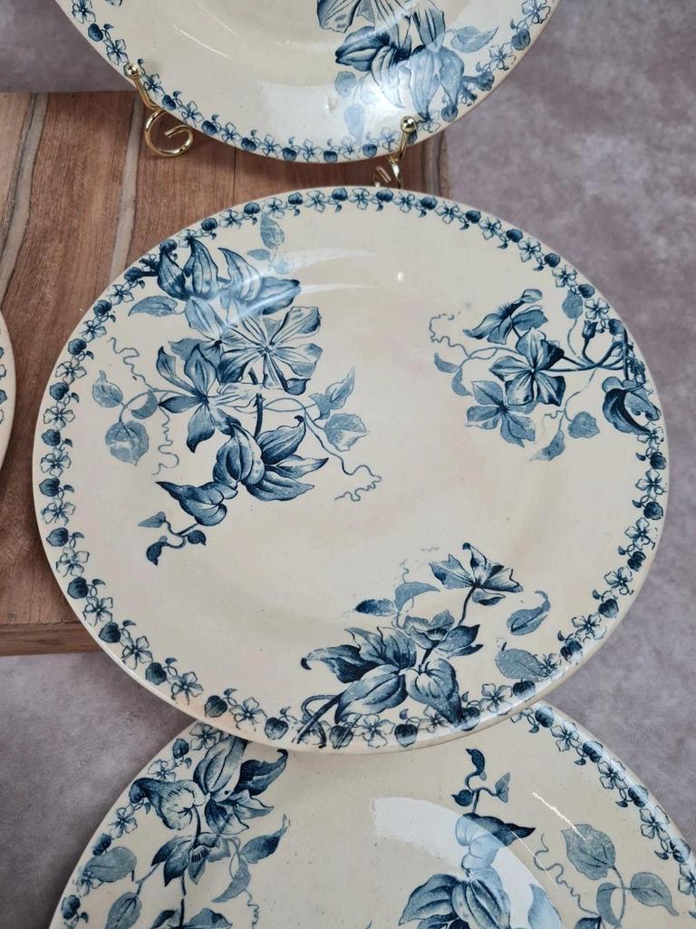Lot de 6 assiettes plates anciennes – Vieillard & Cie Bordeaux, modèle Clématite 💙 Terre de Fer