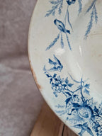 Grand plat ovale Terre de Fer Creil & Montereau Linotte bleu, décor oiseaux ancien