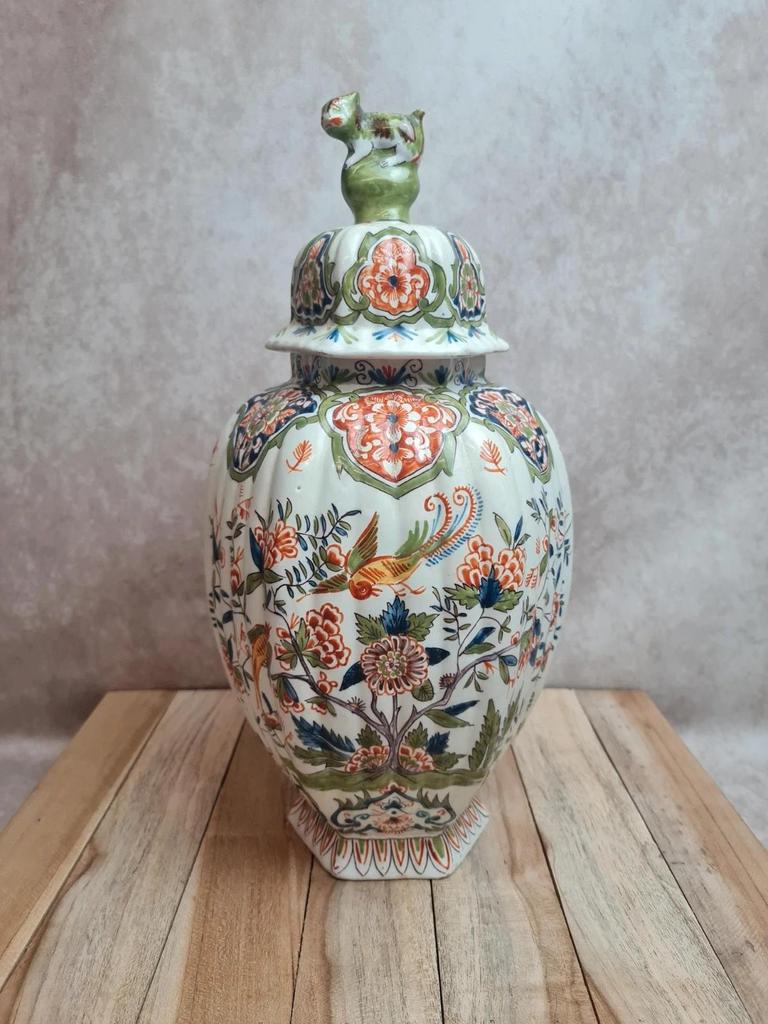 Potiche couverte ancienne faïence Desvres Fourmaintraux Xixe décor chinoiserie chien de Fô