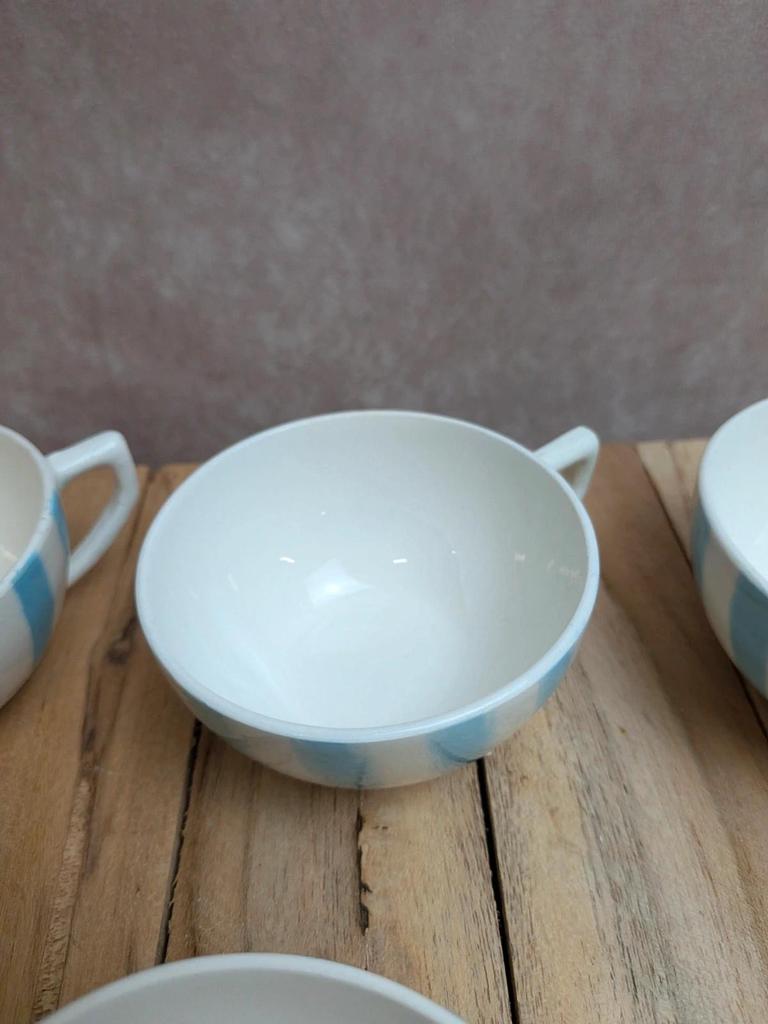 Lot de 6 tasses Terre de Fer Digoin France rayures bleues vintage